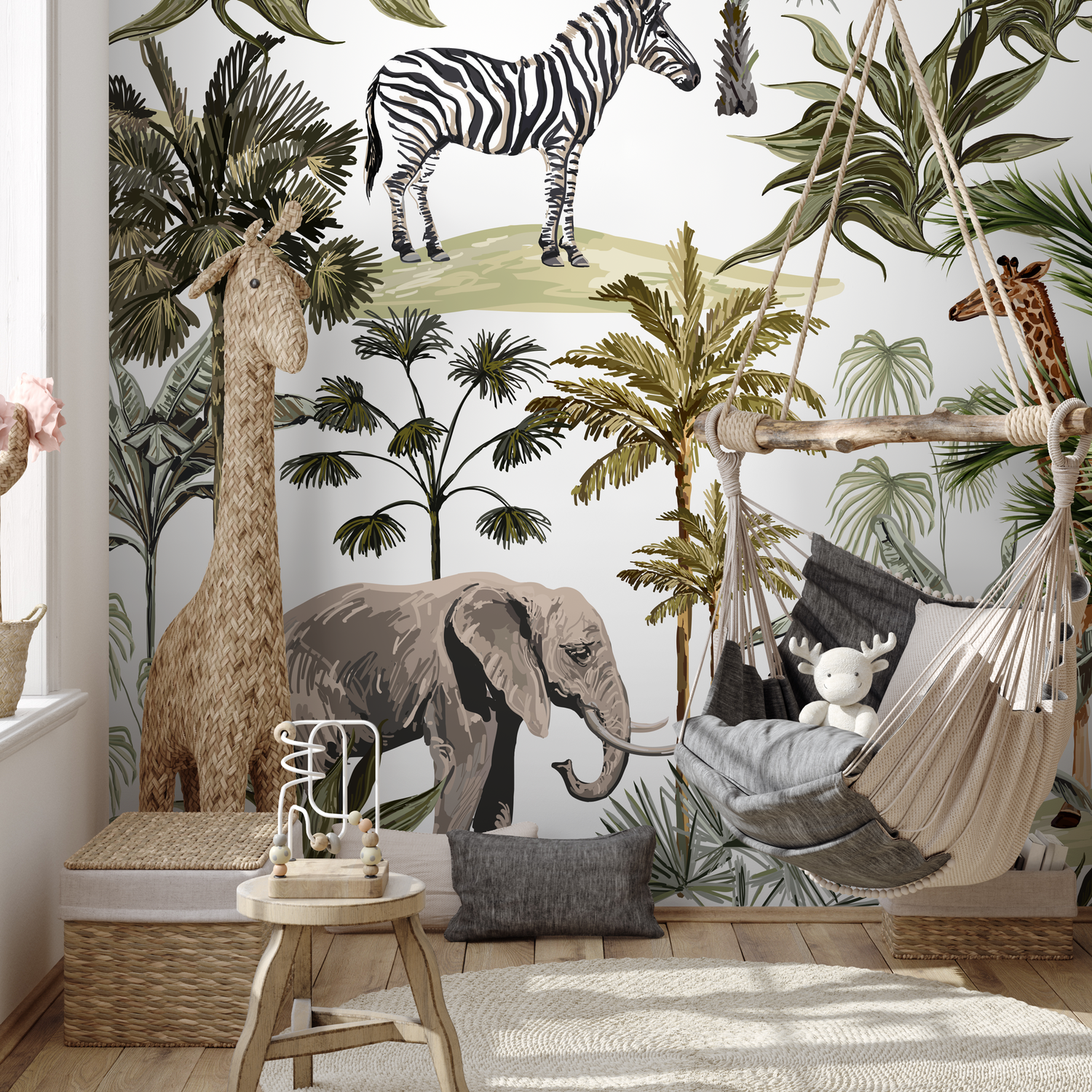 Papel pintado autoadhesivo, papel pintado extraíble, decoración del hogar, arte de pared, decoración de habitaciones, papel pintado infantil de safari de animales - B527