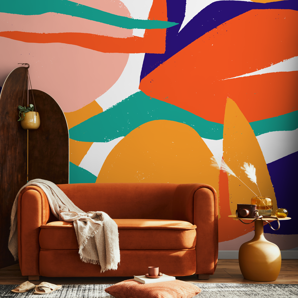 Abstract Wallpaper with a Bold Collage Motif in Orange, Purple, and Teal - detail view