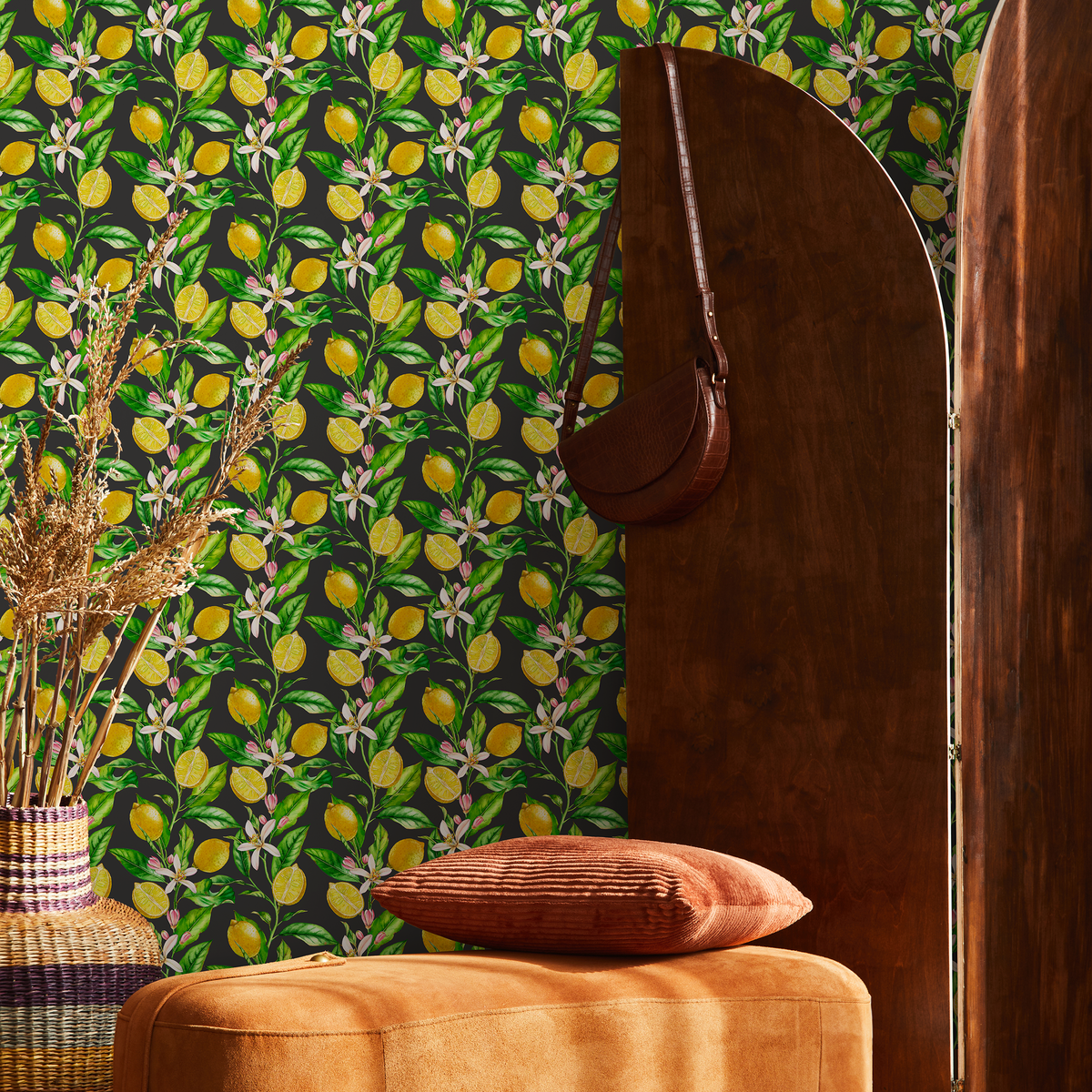 Botanical Wallpaper with a Lemon and Floral Motif in Yellow, Green, and Black - detail view