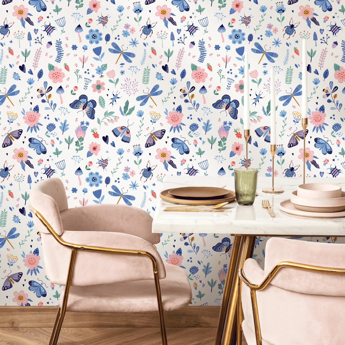 Botanical Wallpaper with Whimsical Butterflies and Wildflowers in Blue and Pink - detail view