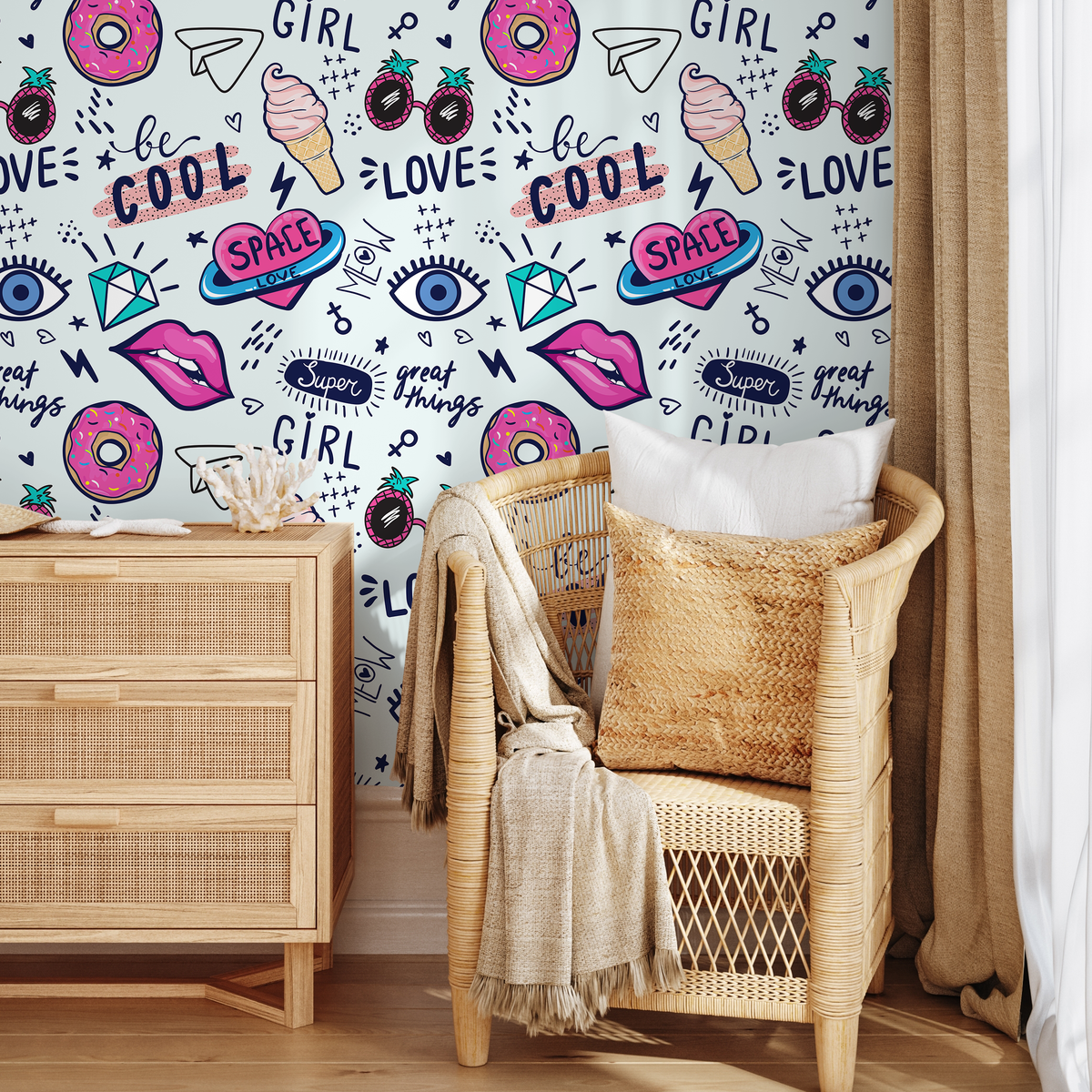 Pop Art Wallpaper Featuring Energetic Doodles in Pink and Blue - detail view