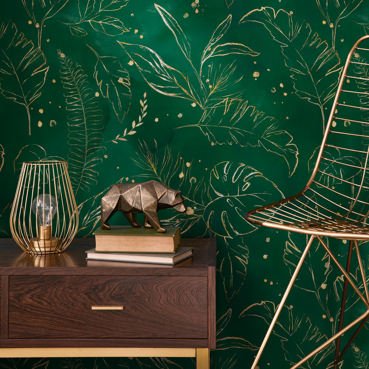 Tropical Wallpaper Featuring Gilded Tropical Leaves in Green and Gold - detail view