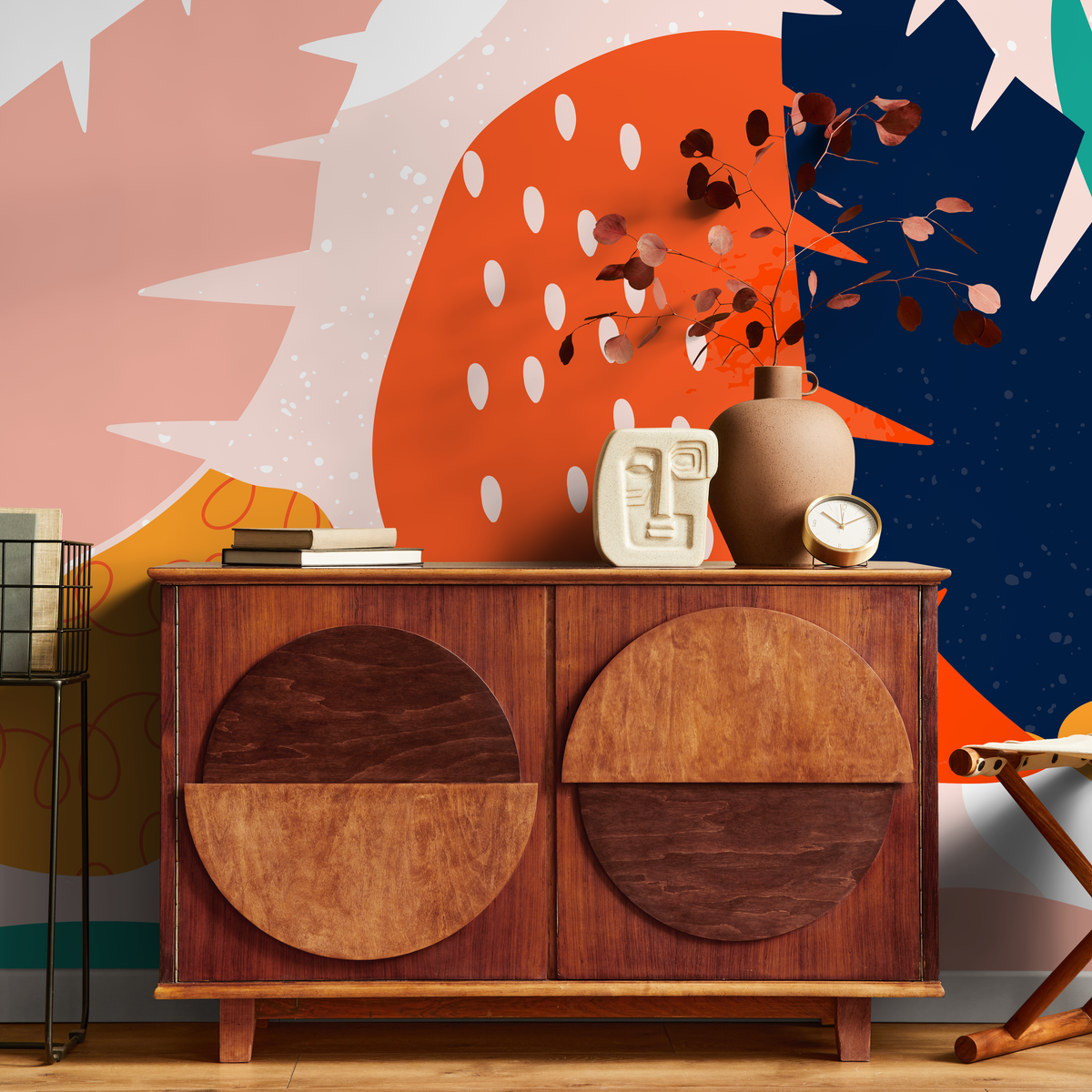 Abstract Wallpaper with Bold Botanical Shapes in Pink, Teal, and Orange - detail view