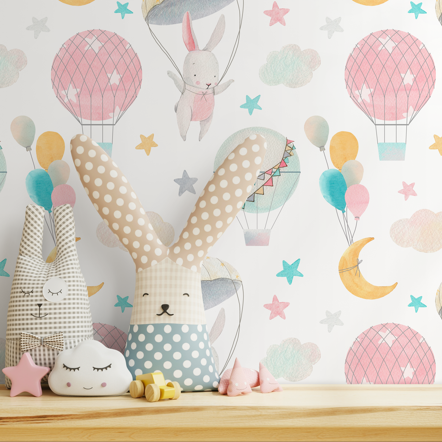 Wall Decor Wallpaper Peel and Stick Wallpaper Removable Wallpaper Home Decor Wall Art Room Decor / Pink Bunny Nursery Wallpaper - B536