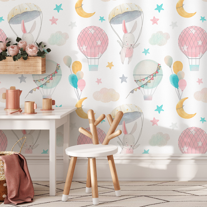 Wall Decor Wallpaper Peel and Stick Wallpaper Removable Wallpaper Home Decor Wall Art Room Decor / Pink Bunny Nursery Wallpaper - B536