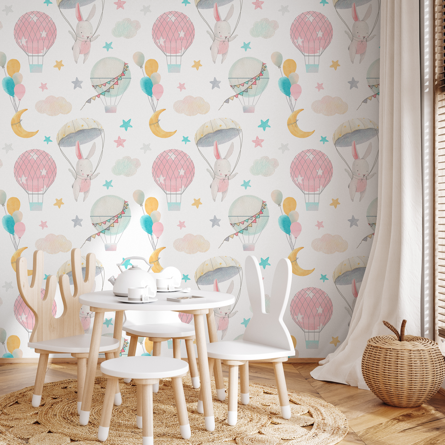 Wall Decor Wallpaper Peel and Stick Wallpaper Removable Wallpaper Home Decor Wall Art Room Decor / Pink Bunny Nursery Wallpaper - B536