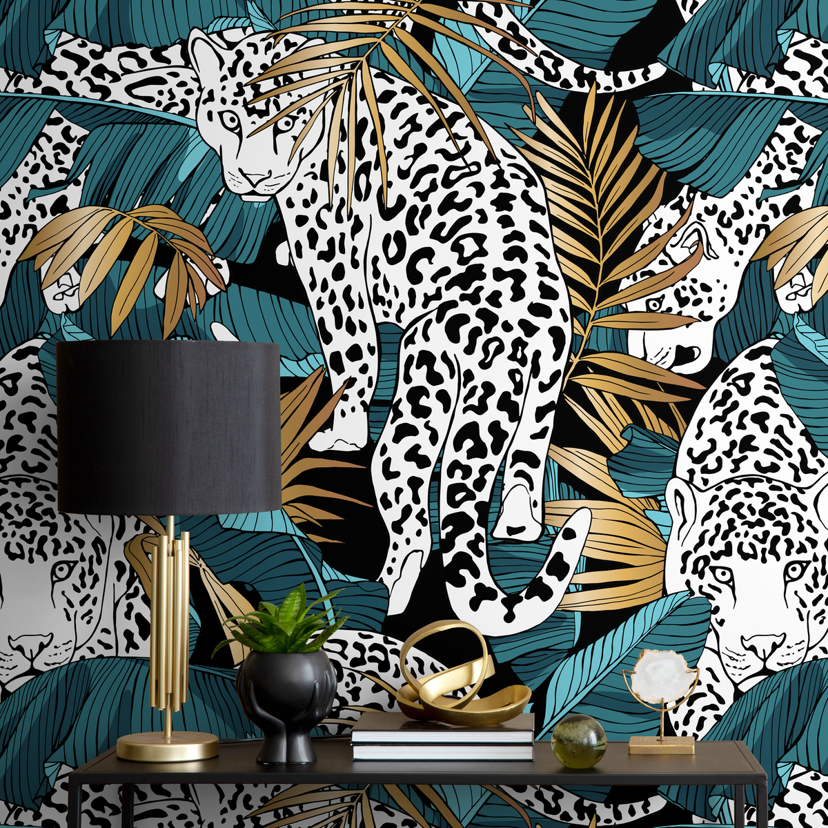 Jungle Wallpaper with a Leopard and Palm Leaves in Teal, Black, and Gold - detail view