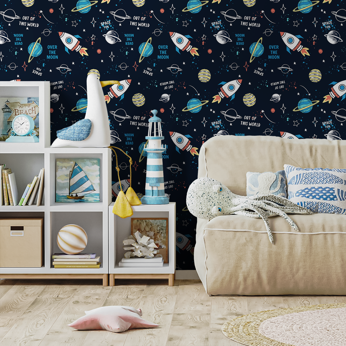Space Wallpaper with Cartoon Rockets and Planets in Navy Blue, Red, and Yellow - detail view