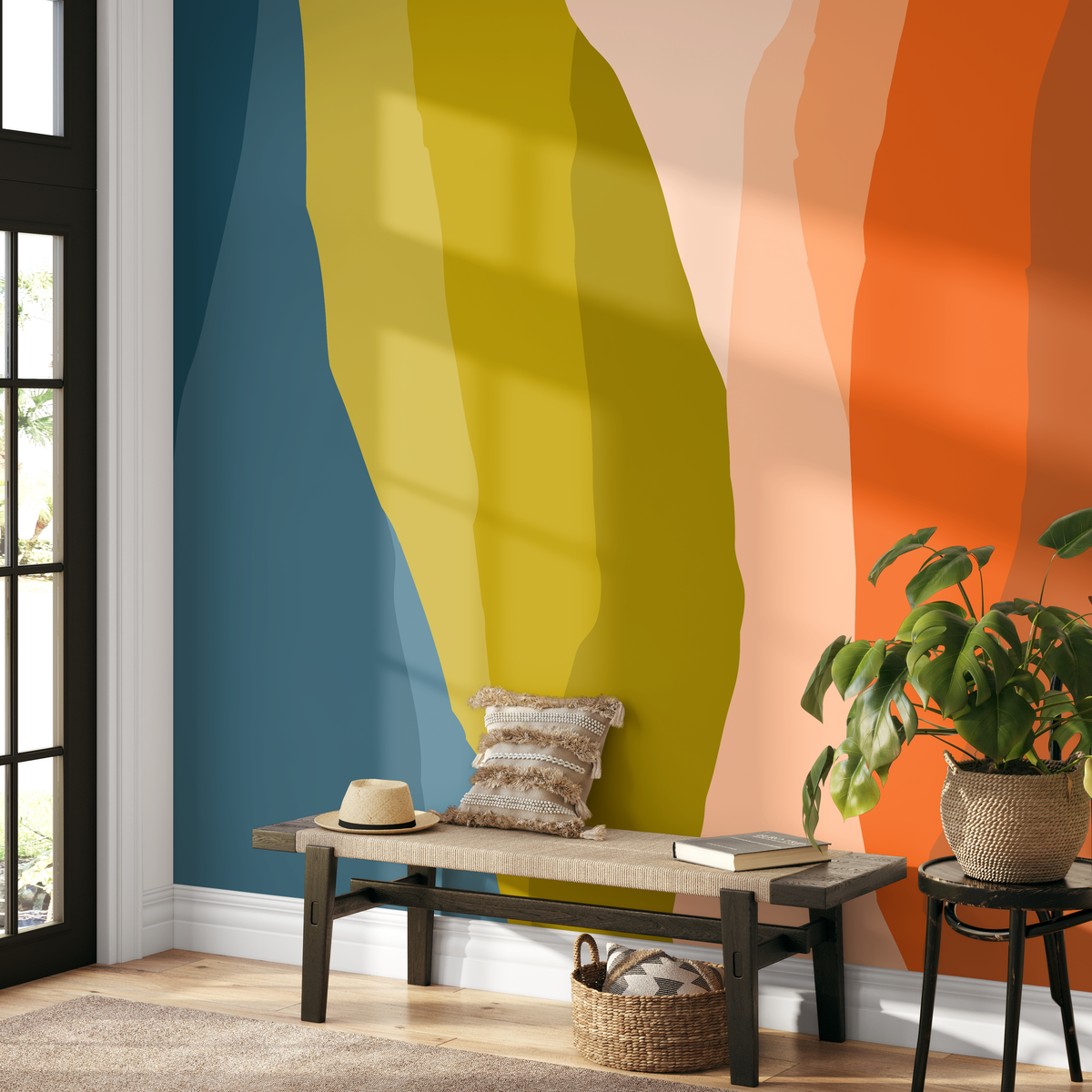 Abstract Wallpaper with Layered Organic Shapes in Teal, Green, and Orange - detail view