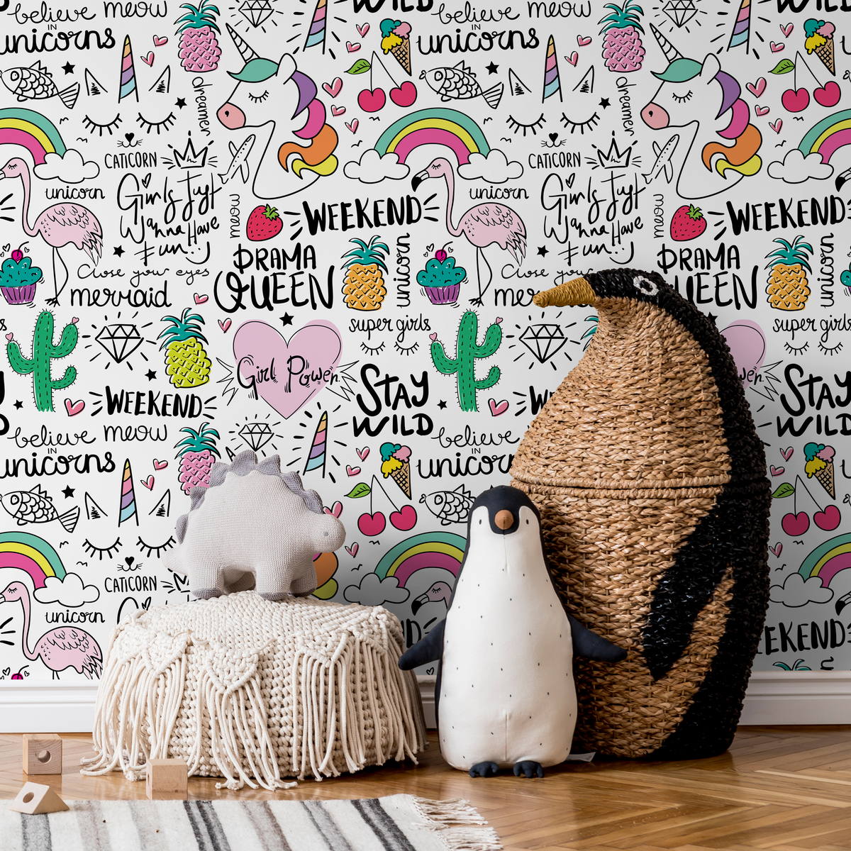 Kids Wallpaper with Unicorn and Rainbow Doodles in Pink, Yellow, and Green - detail view