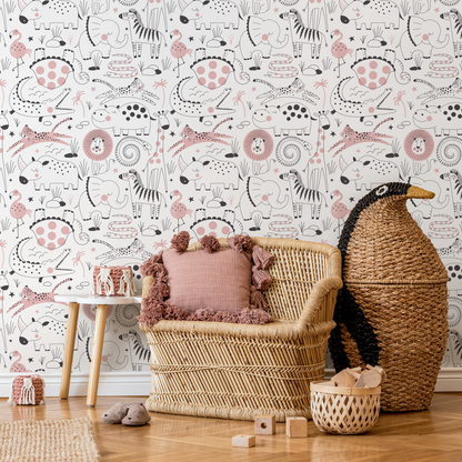 Removable Wallpaper, Scandinavian Wallpaper, Minimalistic Wallpaper, Peel and Stick Wallpaper, Wall Paper, Cute Safari - B544