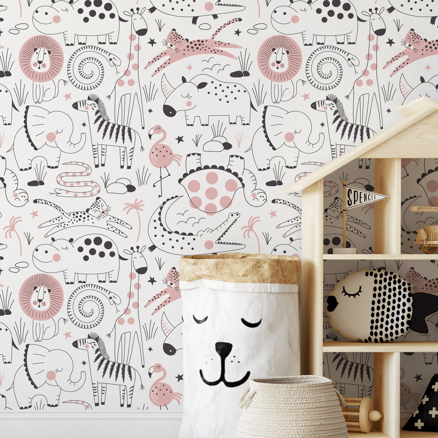 Removable Wallpaper, Scandinavian Wallpaper, Minimalistic Wallpaper, Peel and Stick Wallpaper, Wall Paper, Cute Safari - B544