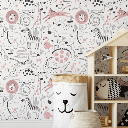 Removable Wallpaper, Scandinavian Wallpaper, Minimalistic Wallpaper, Peel and Stick Wallpaper, Wall Paper, Cute Safari - B544