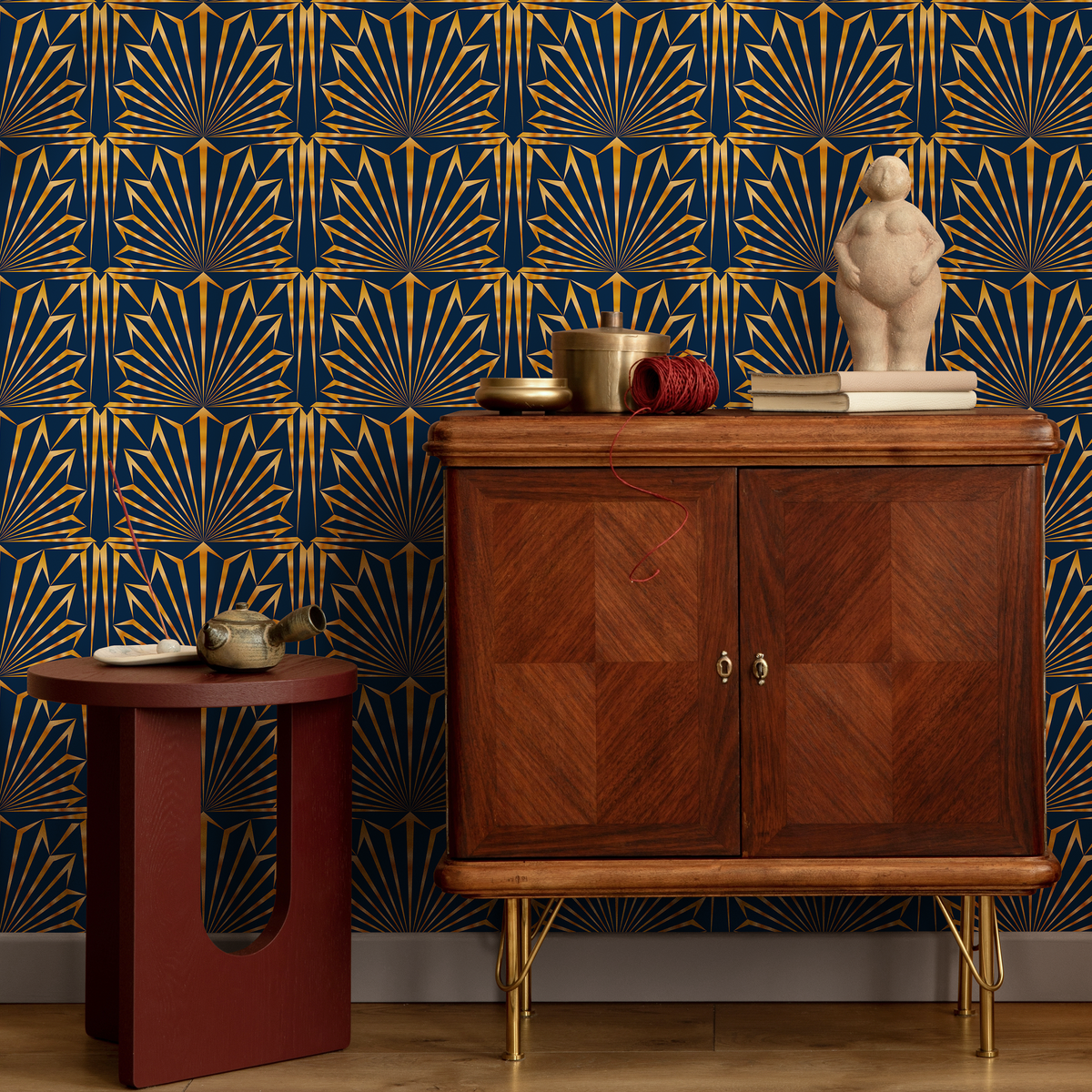 Art Deco Wallpaper with a Geometric Fan Motif in Navy Blue and Gold - detail view