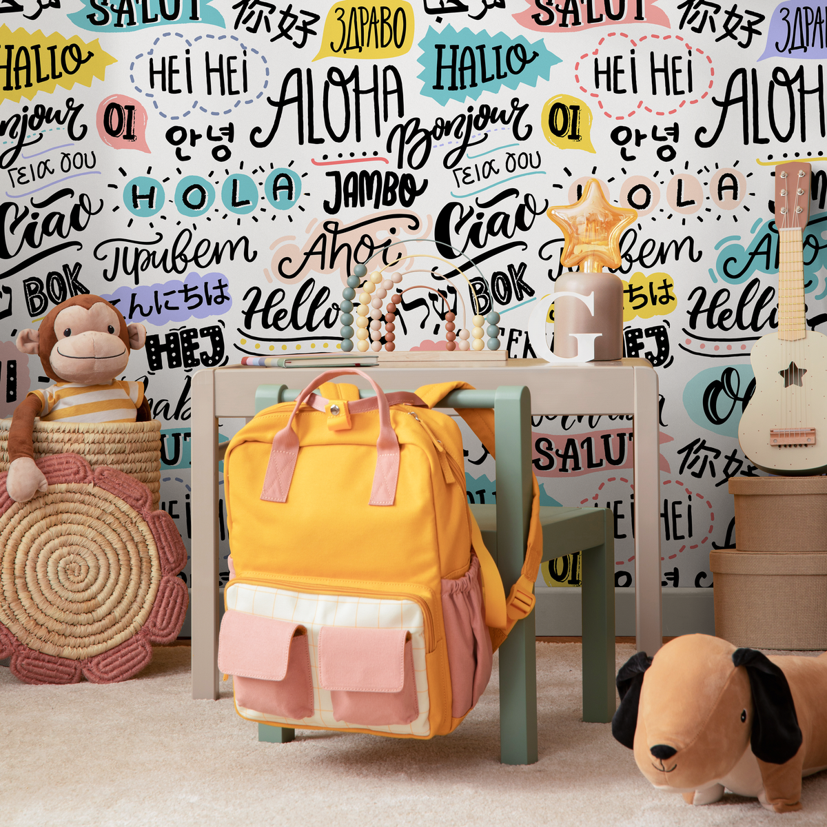 Typography Wallpaper with Global Greetings in Black, Teal, and Yellow - detail view