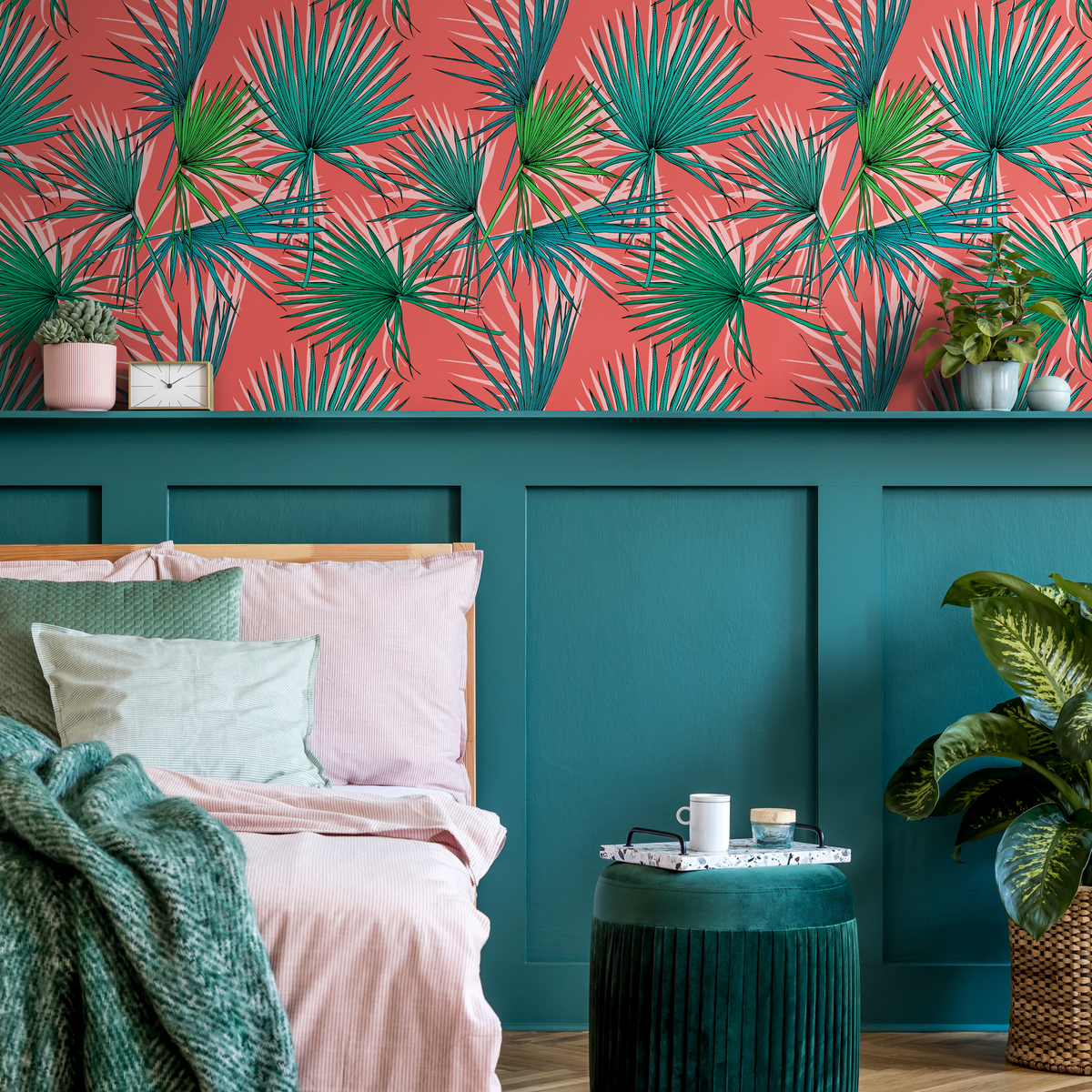Tropical Wallpaper with Fan Palm Leaves in Coral, Green, and Teal - detail view