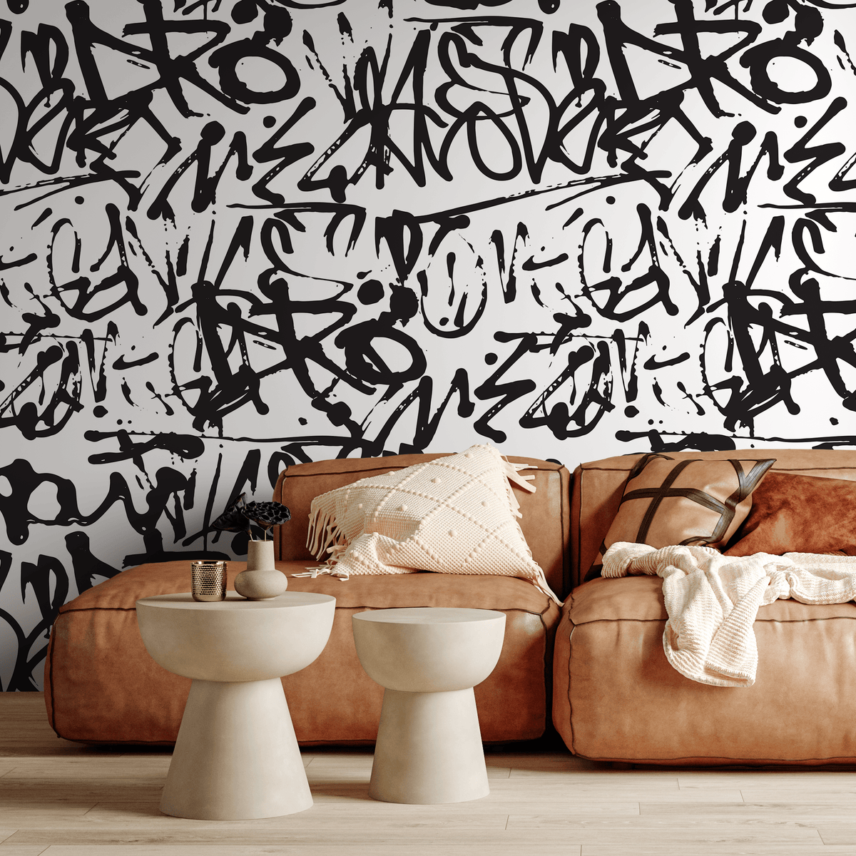 Graffiti Wallpaper with an Urban Street Art Motif in Black and White - detail view