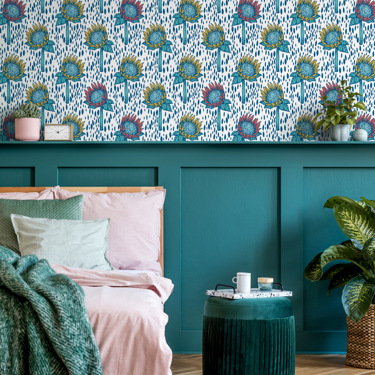 Botanical Wallpaper with Stylized SunFlowers in Blue, Yellow, and Red - detail view