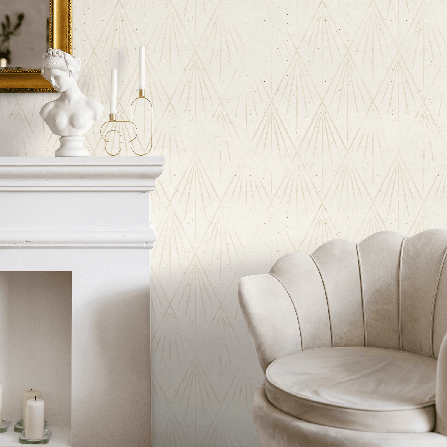 Art Deco Wallpaper with a Delicate Fan Motif in Cream and Beige - B552