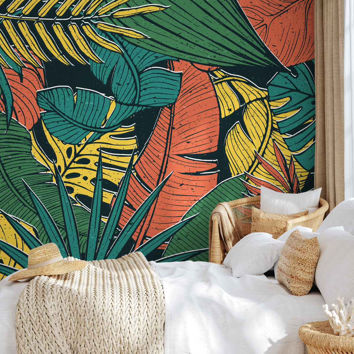 Tropical Wallpaper with a Bold Jungle Leaf Motif in Green, Yellow, and Orange - detail view