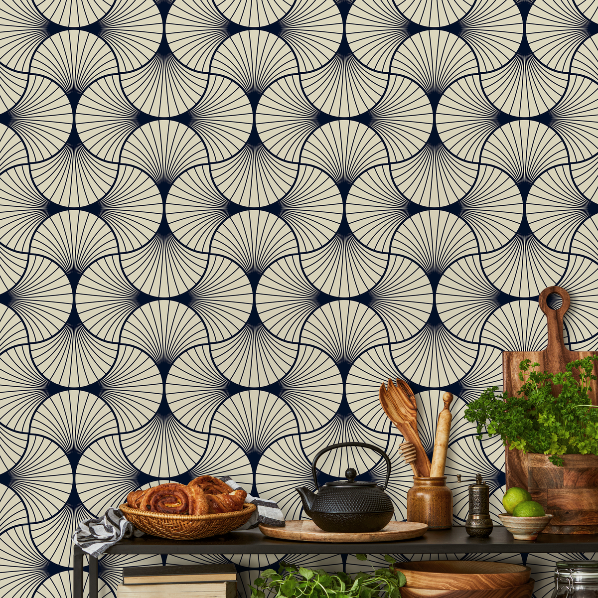 Art Deco Wallpaper with an Elegant Fan Pattern in Navy Blue and Cream - detail view
