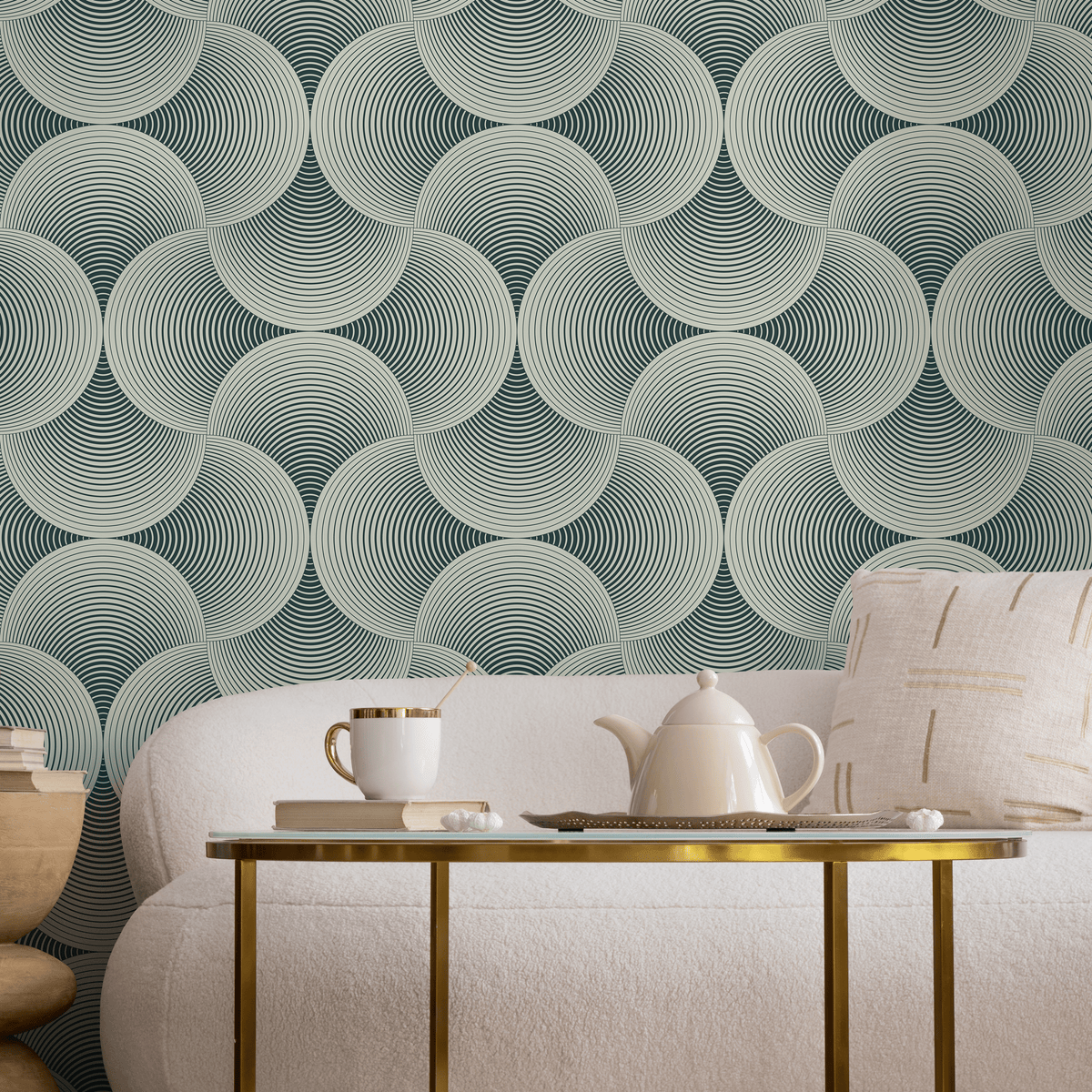 Art Deco Wallpaper with a Scalloped Fan Motif in Dark Teal and Cream - detail view