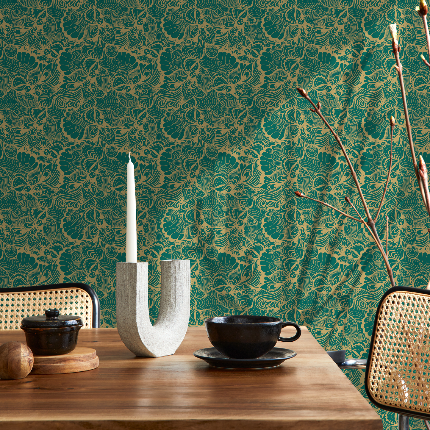 Green Abstract Leaf Wallpaper Peel and Stick and Traditional Wallpaper - B561