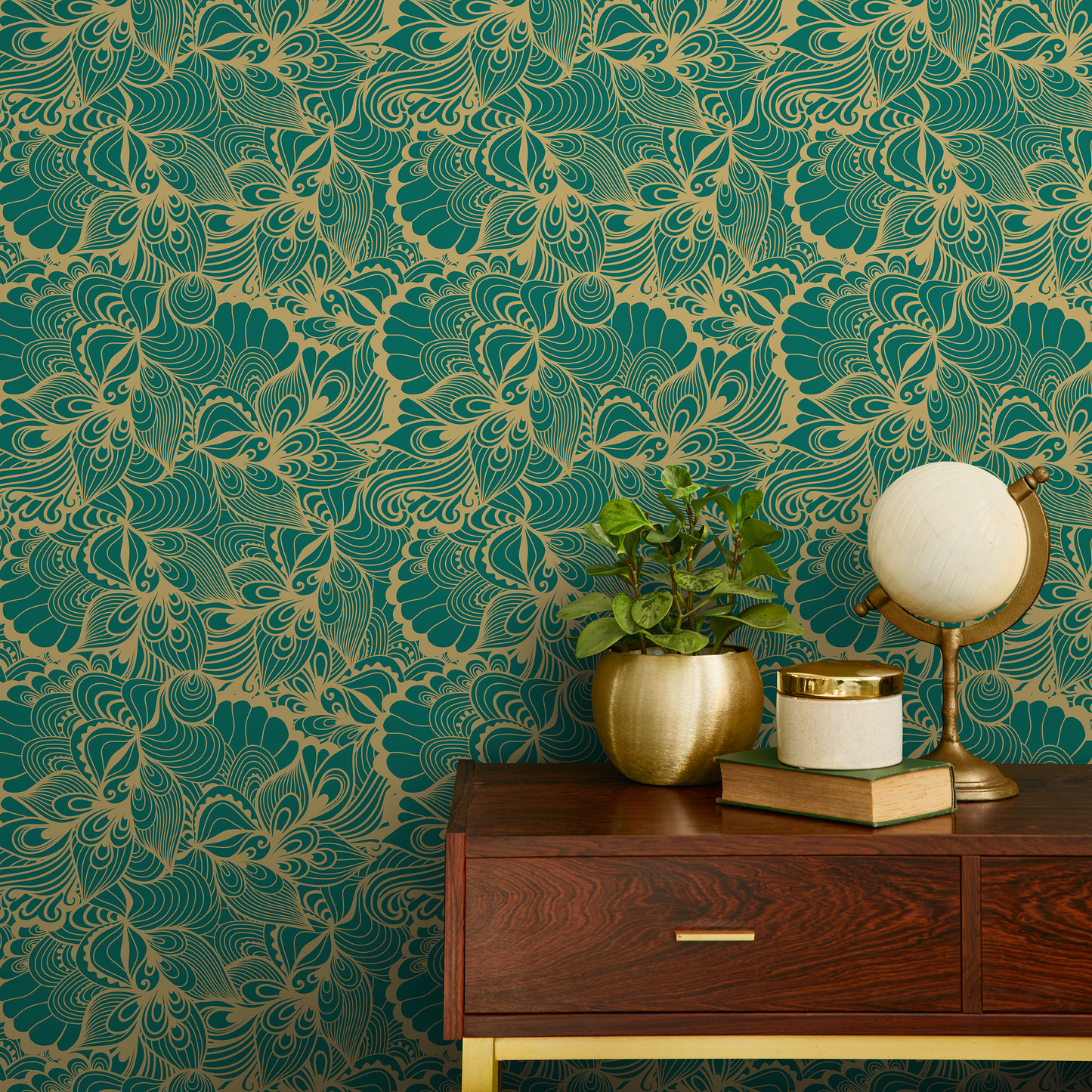 Green Abstract Leaf Wallpaper Peel and Stick and Traditional Wallpaper - B561