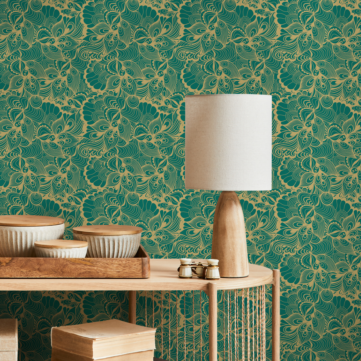 Abstract Wallpaper with Swirling Botanicals in Teal and Gold - room view