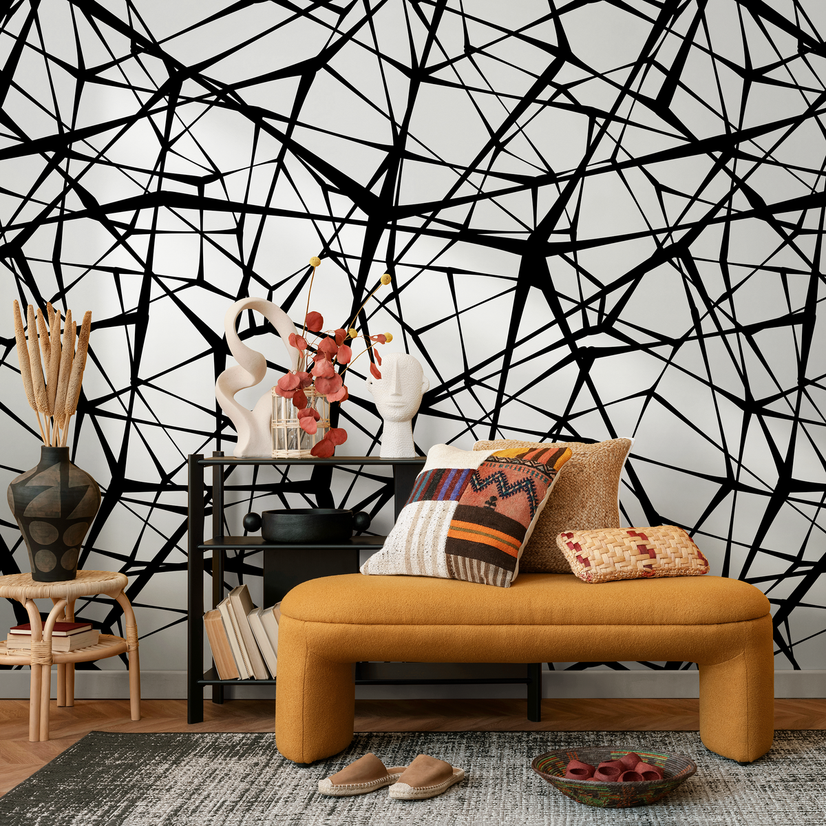 Abstract Wallpaper with Criss-Cross Lines in Black and White - detail view