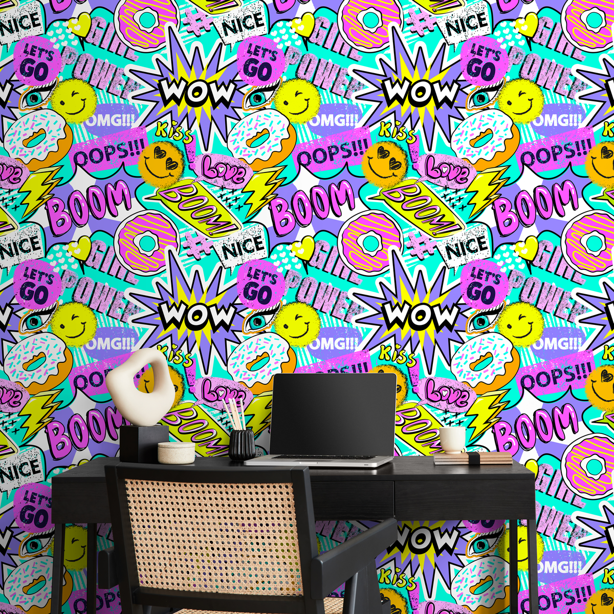 Pop Art Wallpaper with a Comic Sticker Collage in Pink, Yellow, and Purple - detail view