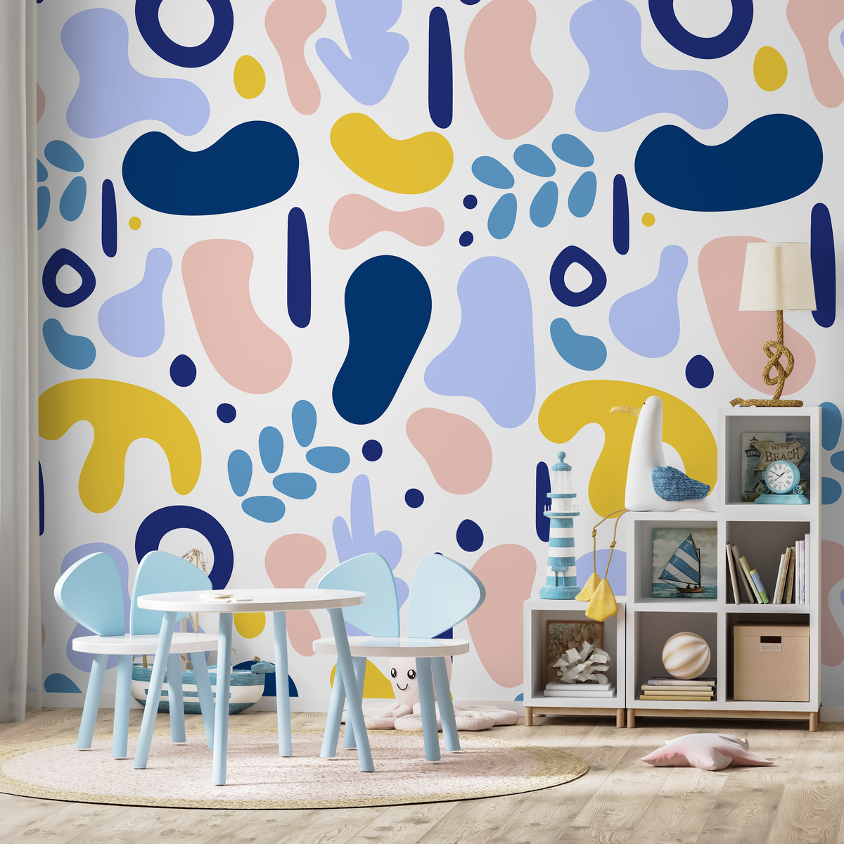 Abstract Wallpaper with Organic Shapes in Blue, Pink, and Yellow - detail view