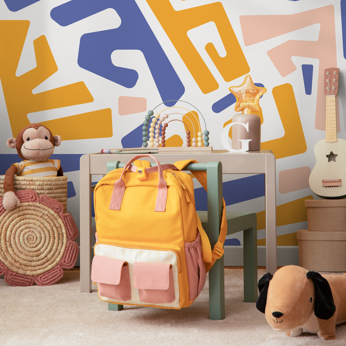 Abstract Wallpaper with a Bold Maze Motif in Yellow, Blue, and Pink - detail view
