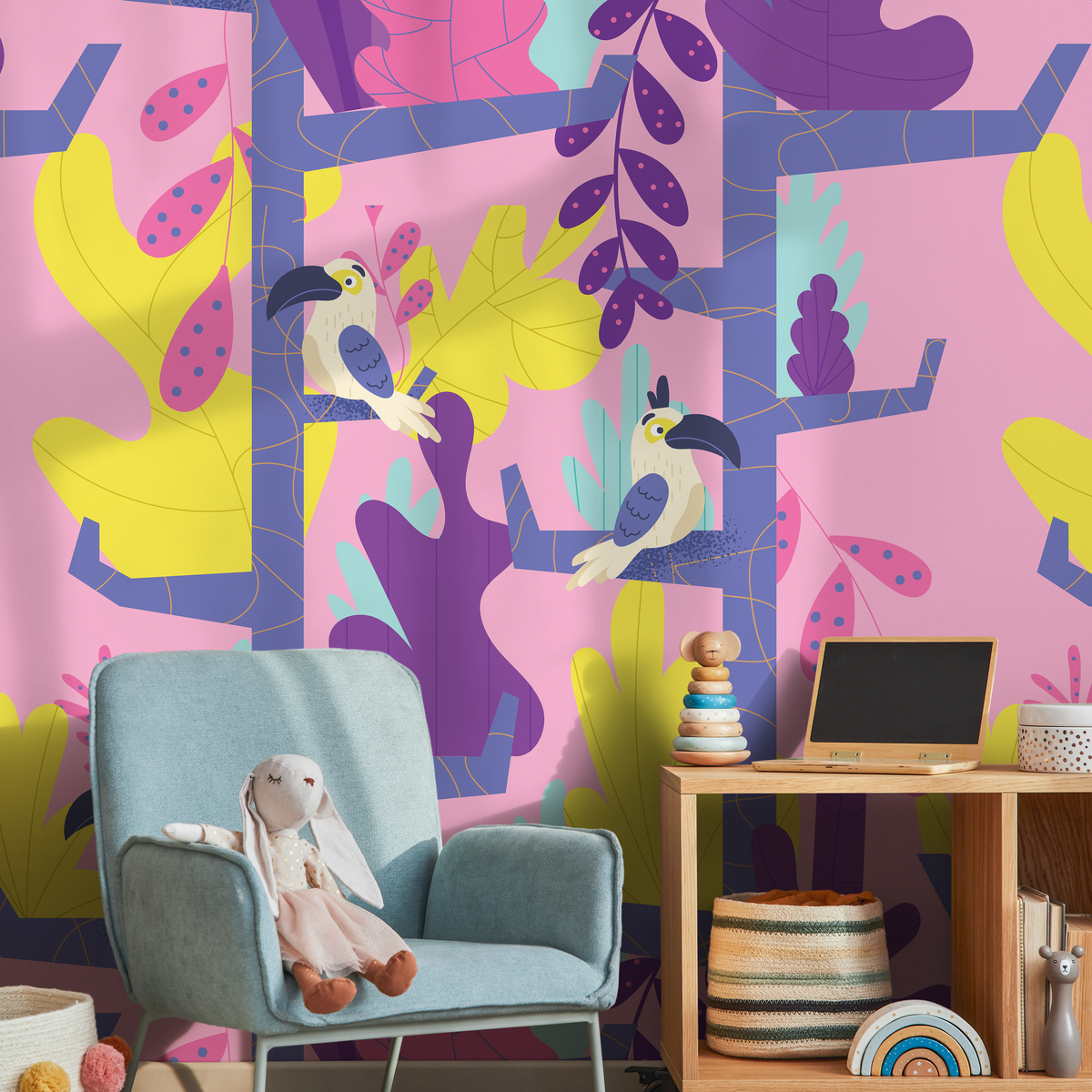 Jungle Wallpaper with Stylized Toucans in Pink, Purple, and Yellow - detail view