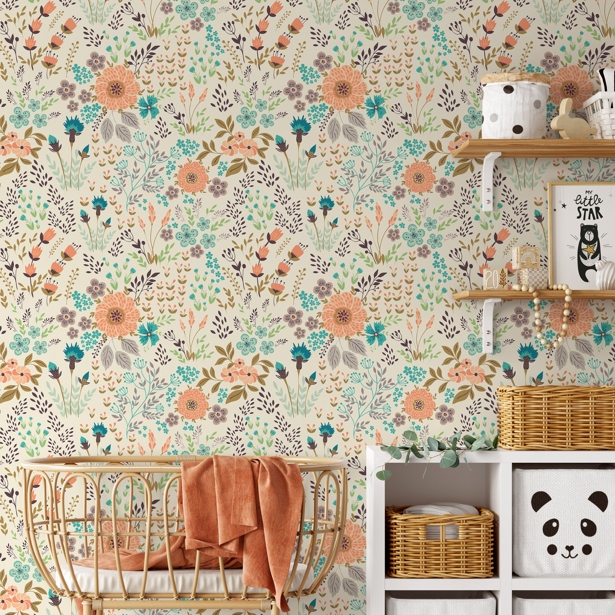 Floral Wallpaper with a Whimsical Meadow Motif in Coral, Teal, and Purple - detail view