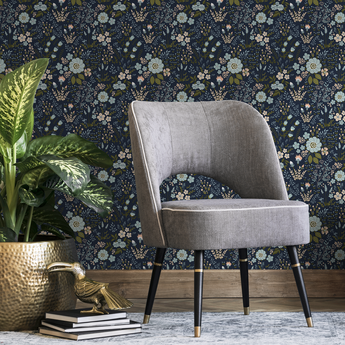 Botanical Wallpaper with a Folk Art Floral Motif in Navy, Blue, and Pink - detail view