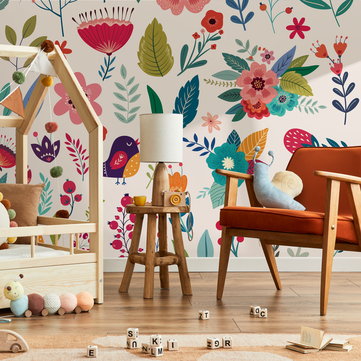 Floral Wallpaper with Folk Art Birds and Blooms in Pink, Blue, and Green - detail view