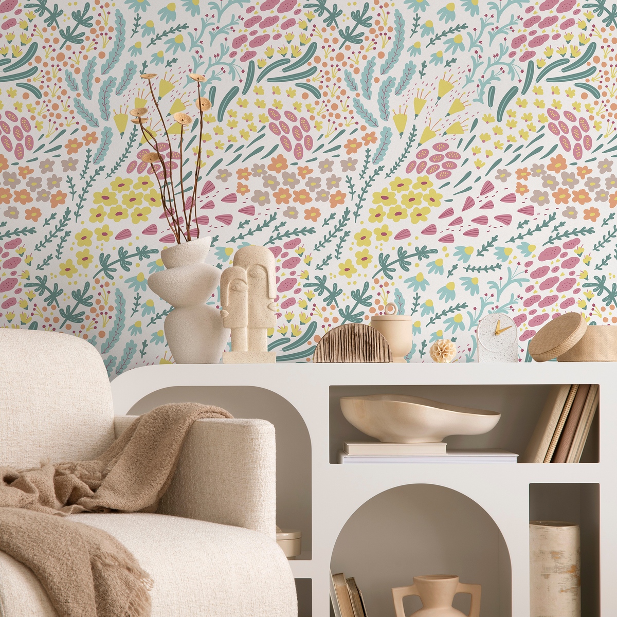 Floral Wallpaper with Abstract Wildflowers in Pink, Yellow, and Teal - detail view