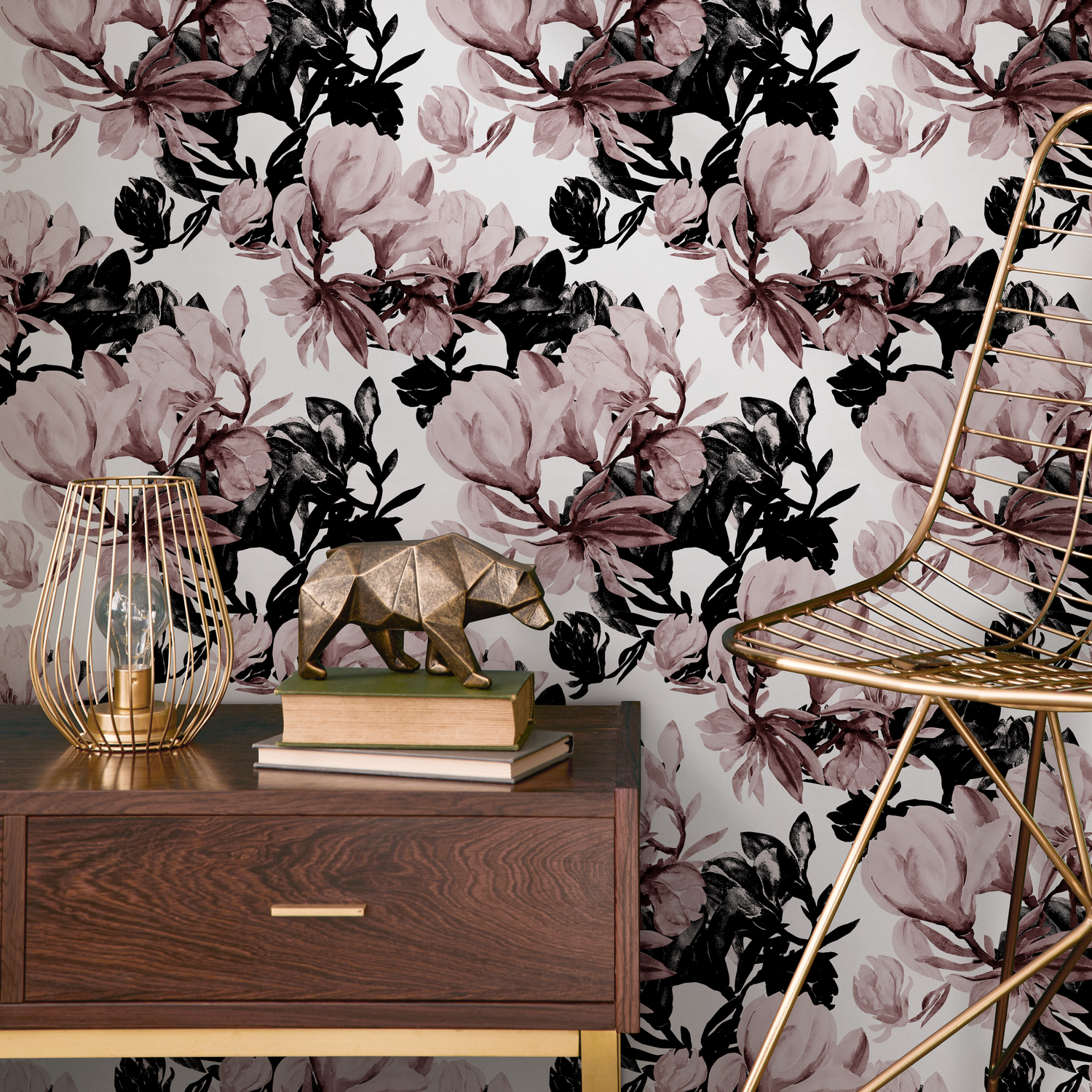 Floral Wallpaper with Dramatic Painterly Blooms in Pink, Black, and Maroon - B591