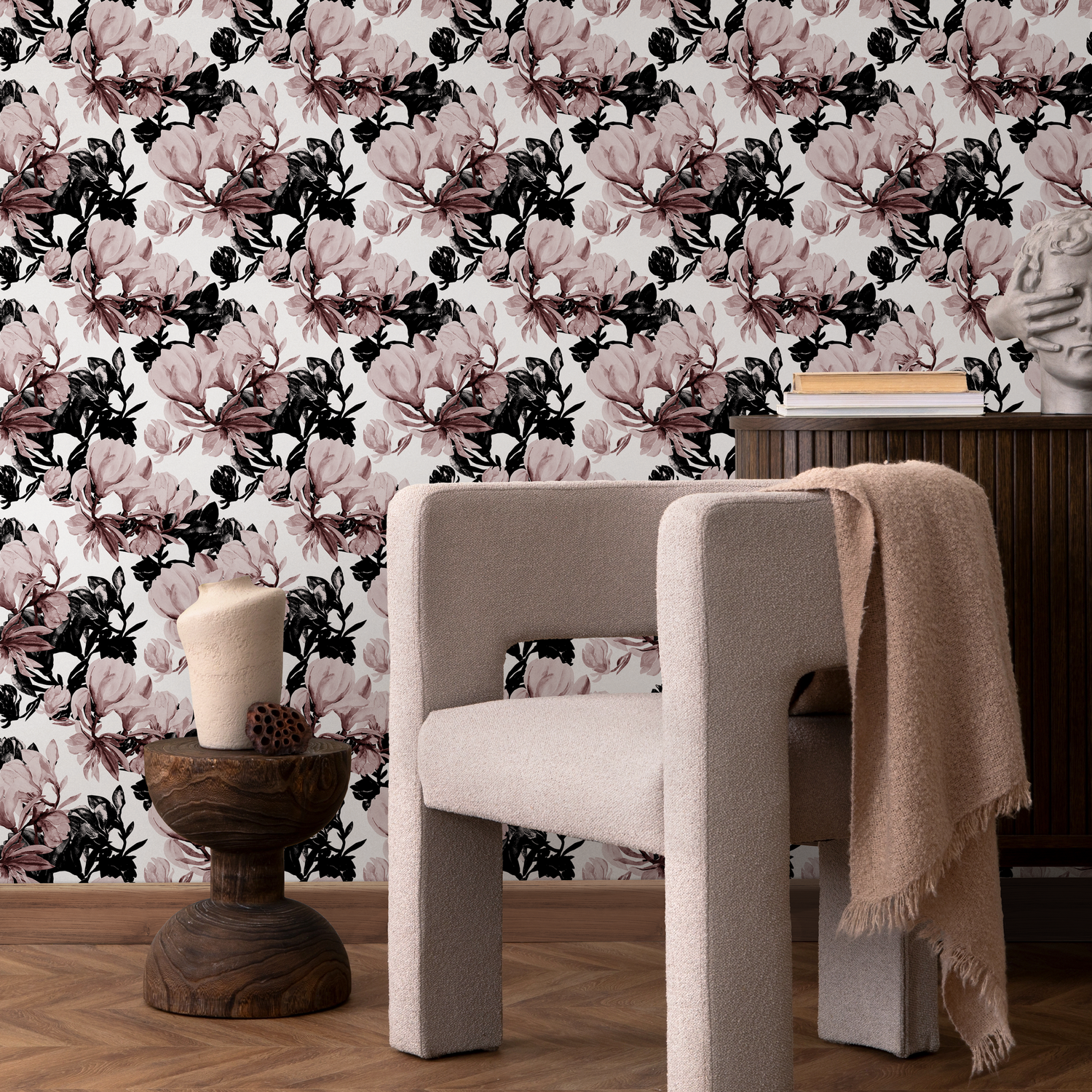 Floral Wallpaper with Dramatic Painterly Blooms in Pink, Black, and Maroon - B591