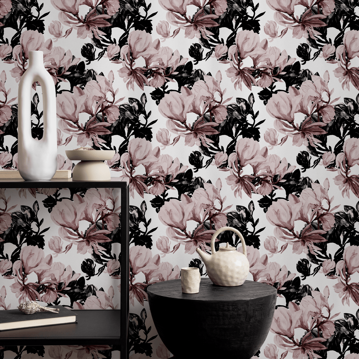 Floral Wallpaper with Dramatic Painterly Blooms in Pink, Black, and Maroon - detail view
