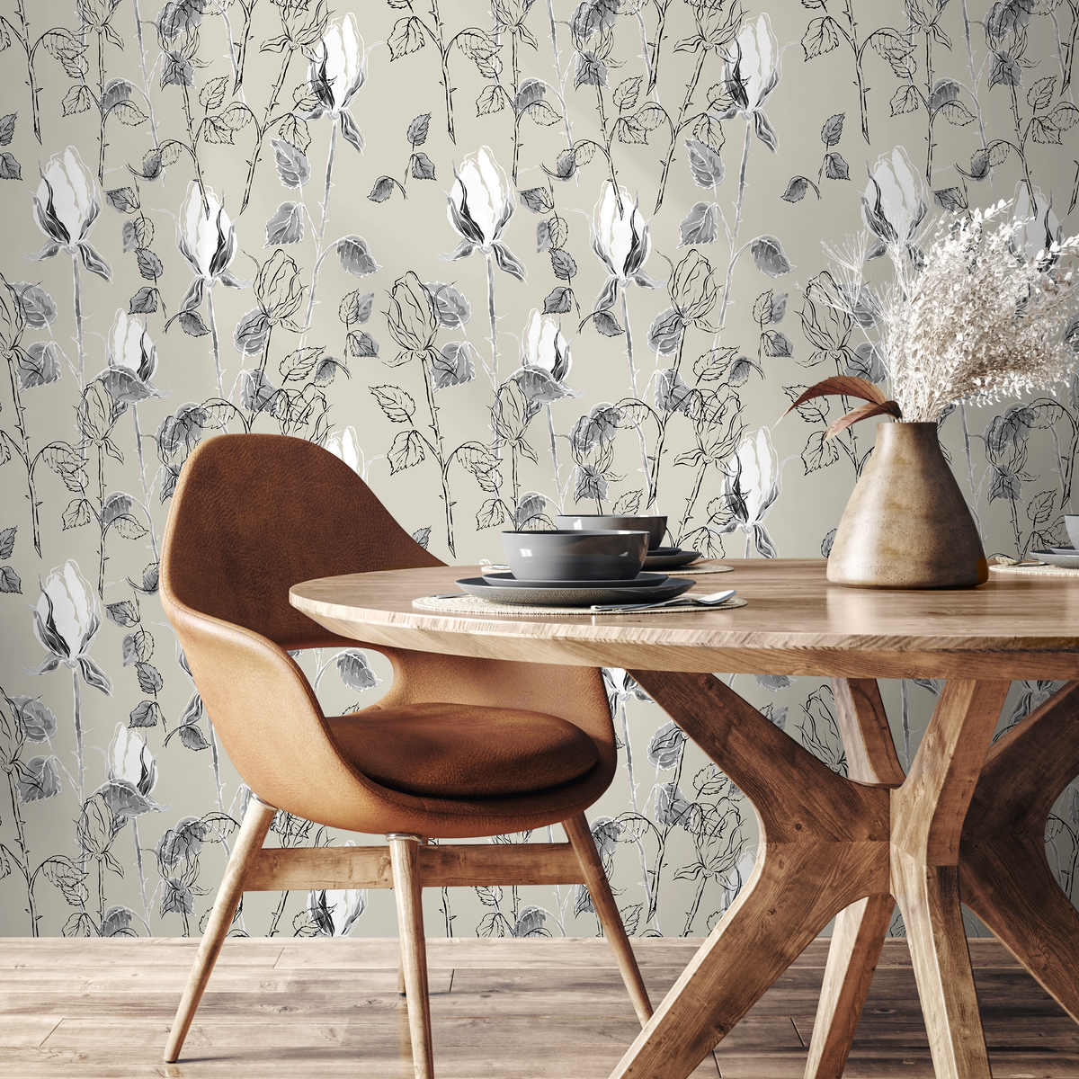 Floral Wallpaper with a Sketch Style Rose Motif in Sage and Black - detail view