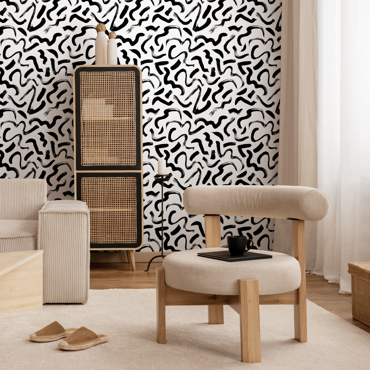 Abstract Wallpaper with a Bold Brushstroke Motif in Black and White - detail view