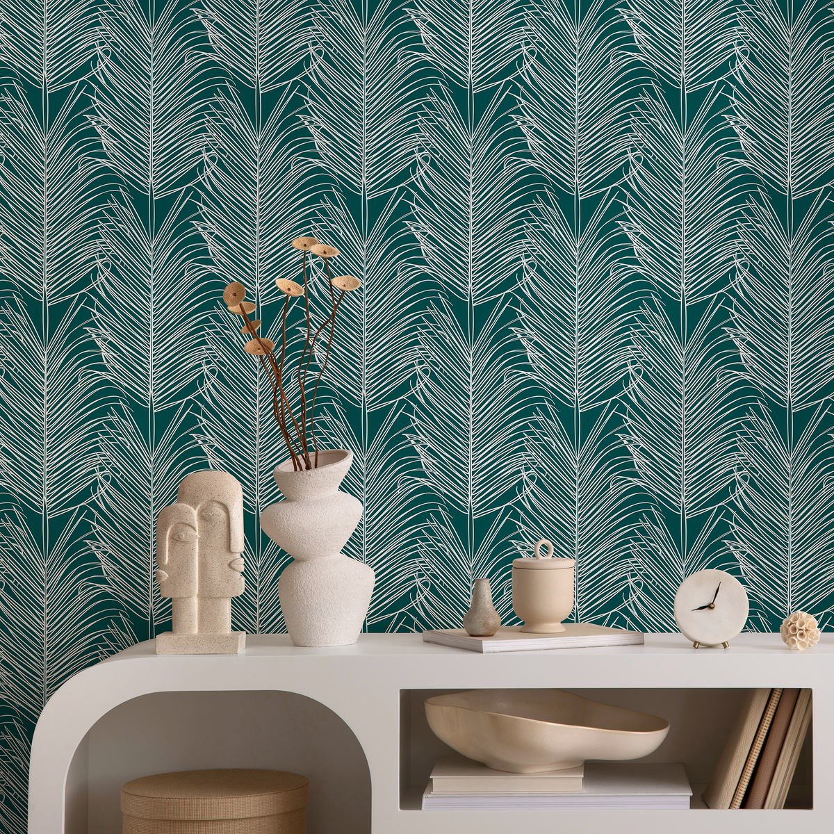 Botanical Wallpaper with Stylized Palm Fronds in Teal and White - detail view