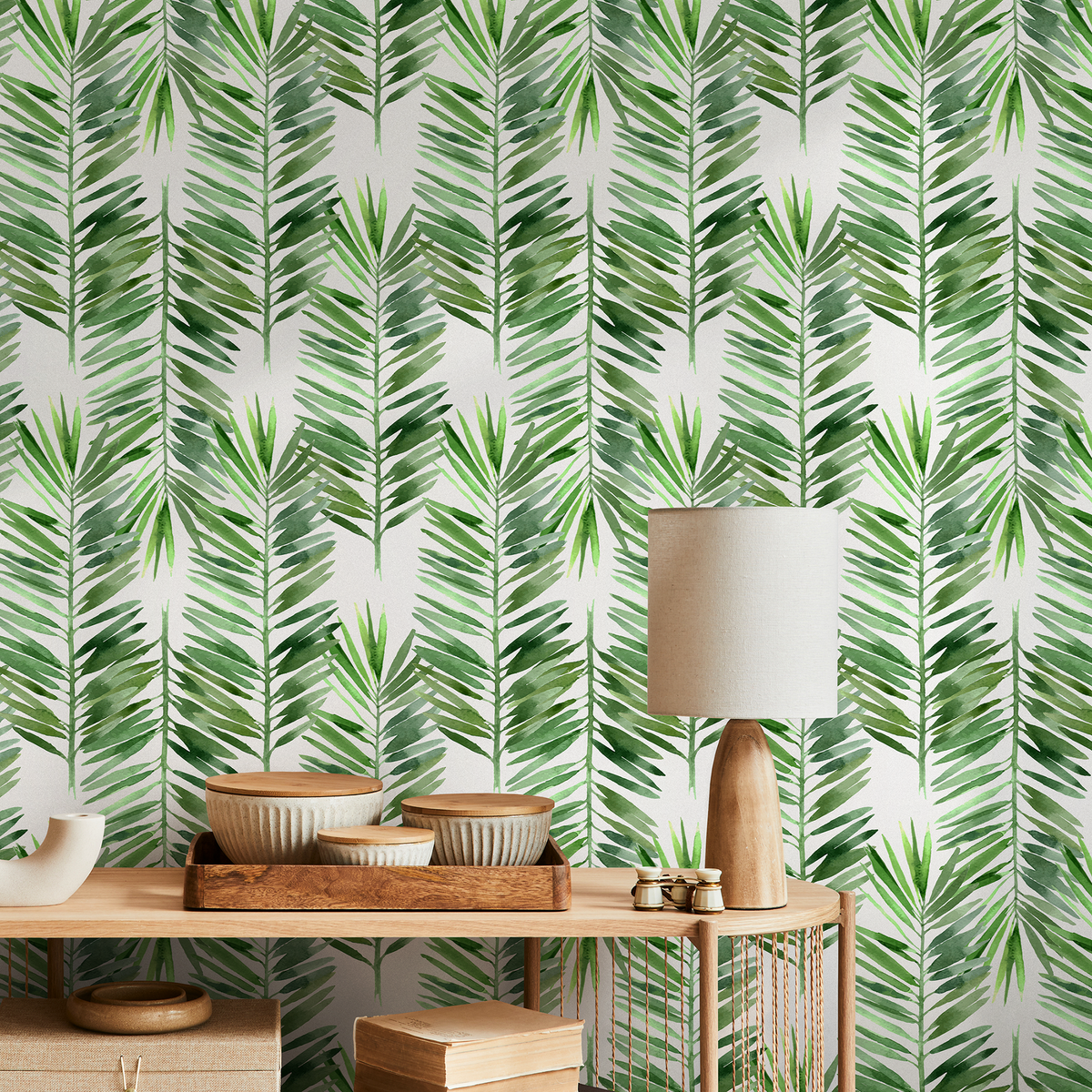 Botanical Wallpaper with Watercolor Palm Fronds in Green - detail view