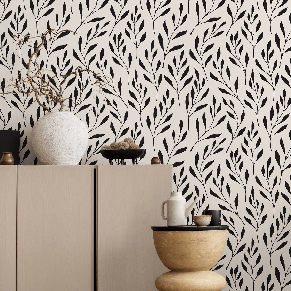 Botanical Wallpaper with Stylized Leafy Branches in Black and Beige - detail view