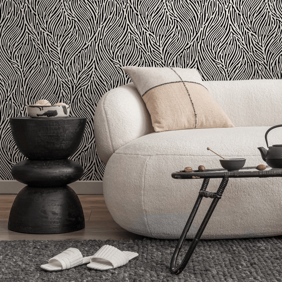 Abstract Wallpaper Featuring Flowing Organic Shapes in Black and Off-White - detail view