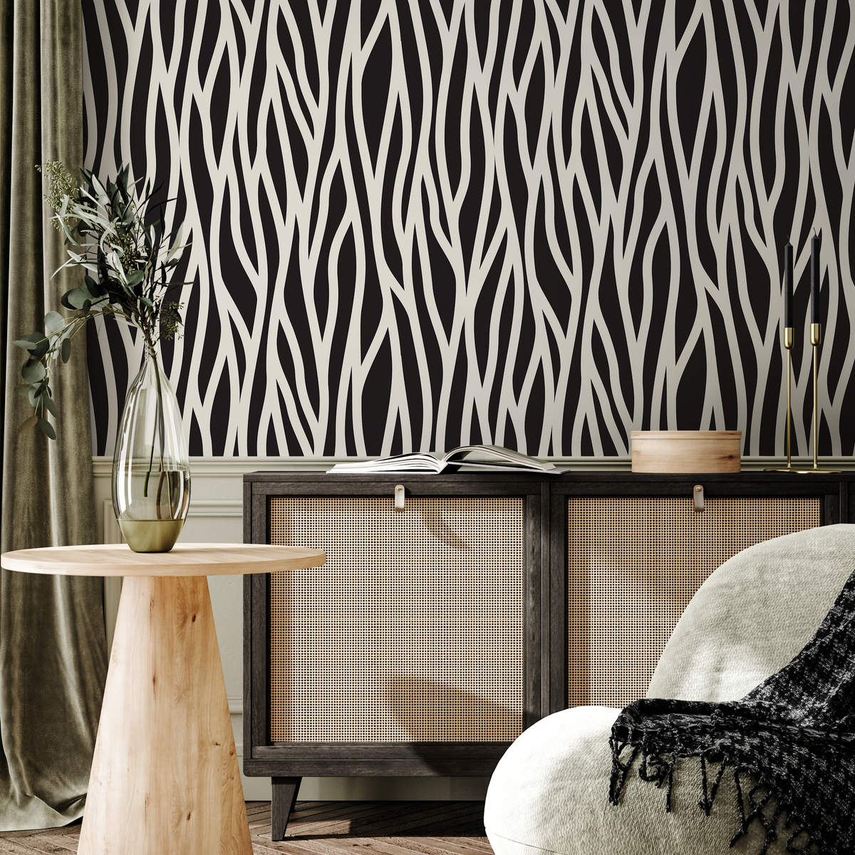 Abstract Wallpaper with Wavy Organic Lines in Black and Cream - detail view