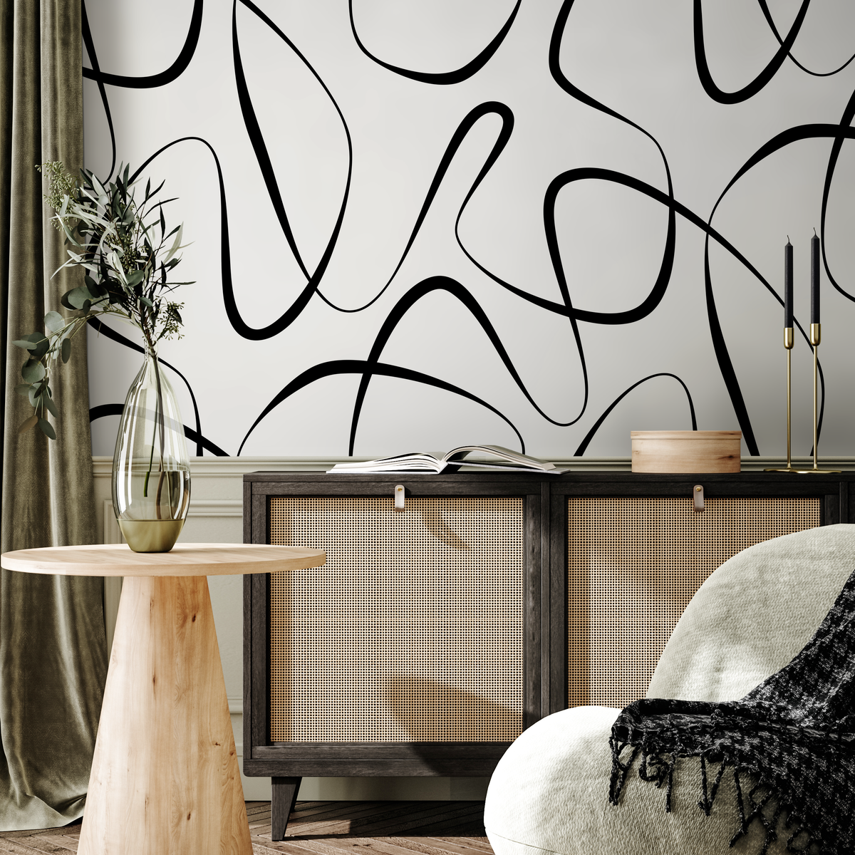 Abstract Wallpaper with Continuous Line Art in Black and White - detail view