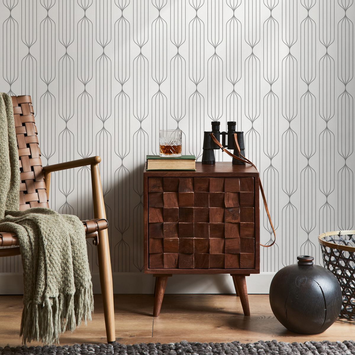 Art Deco Wallpaper with an Elegant Linear Motif in Gray - detail view